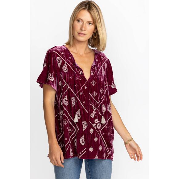 New Johnny Was Devi Velvet Flutter Weekend Blouse Red Embroidered Tassel Sz L - Picture 3 of 12